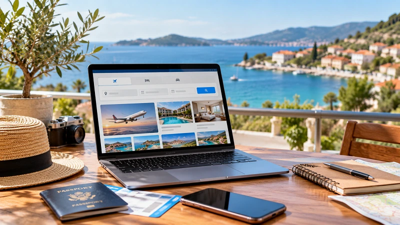 Laptop displaying flight and hotel booking options beside a passport and boarding pass.